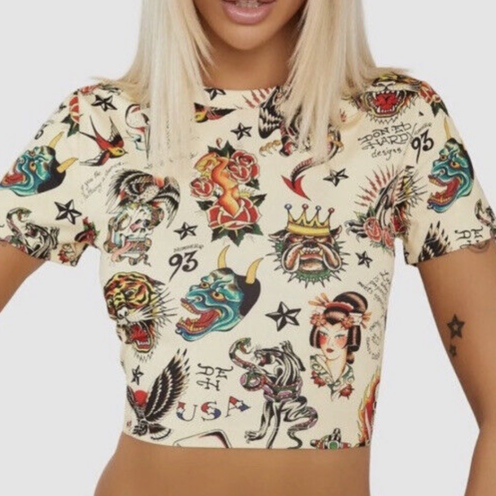 Ed Hardy All Over Print Crop Top Size M NWT